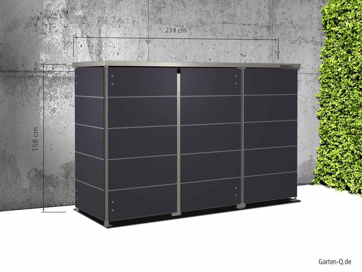 Modulare Aufbewahrungsbox aus Metall, 158 cm hoch, 234 cm breit, an Betonwand und Hecke angrenzend.