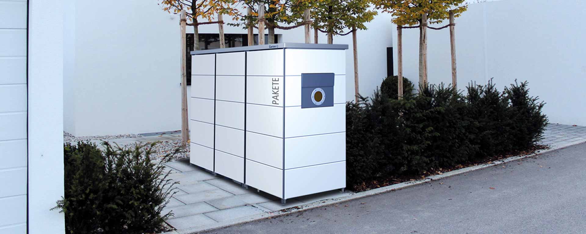 Mülltonenbox modular modern und Design mit integrierter Paketbox