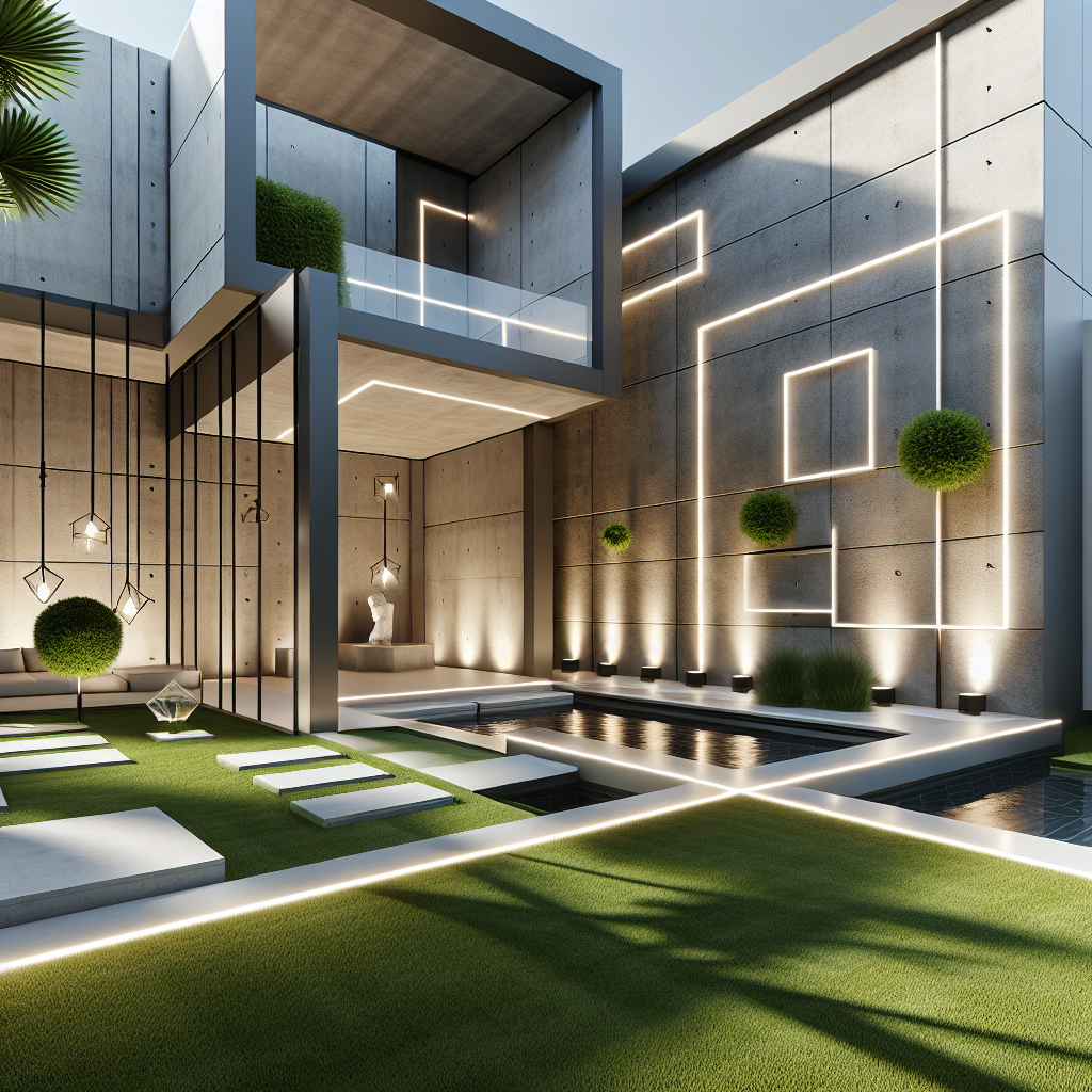 Moderner Garten mit Betonwänden, LED-Leuchten, grüner Rasen, Pool und dekorativen Büschen in einem luxuriösen Design.