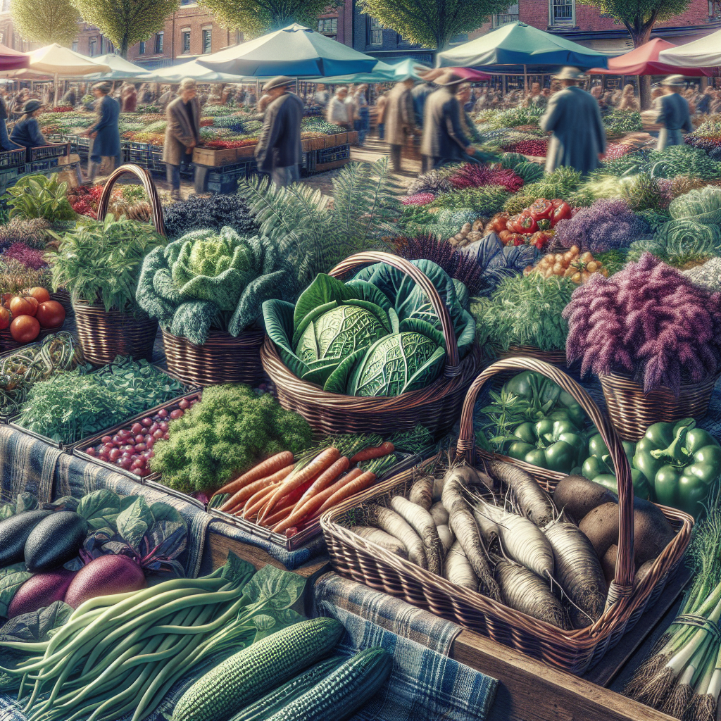 Ein belebter Marktplatz mit Ständen voller frischem Gemüse: Kohl, Möhren, Bohnen und Paprika.