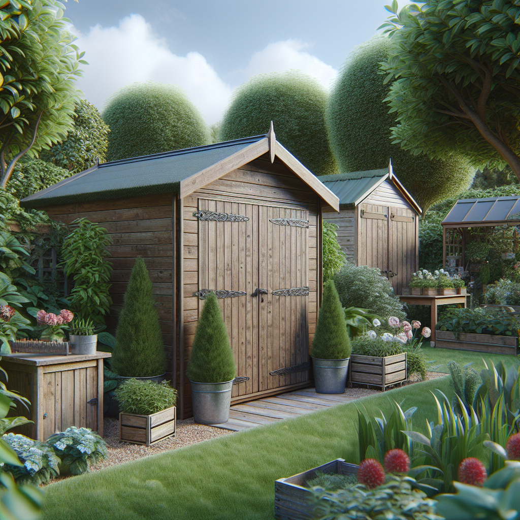 Garten mit Holzhütten, Pflanzen und Rasen, umgeben von Bäumen und Blumenbeeten in schöner Anordnung.