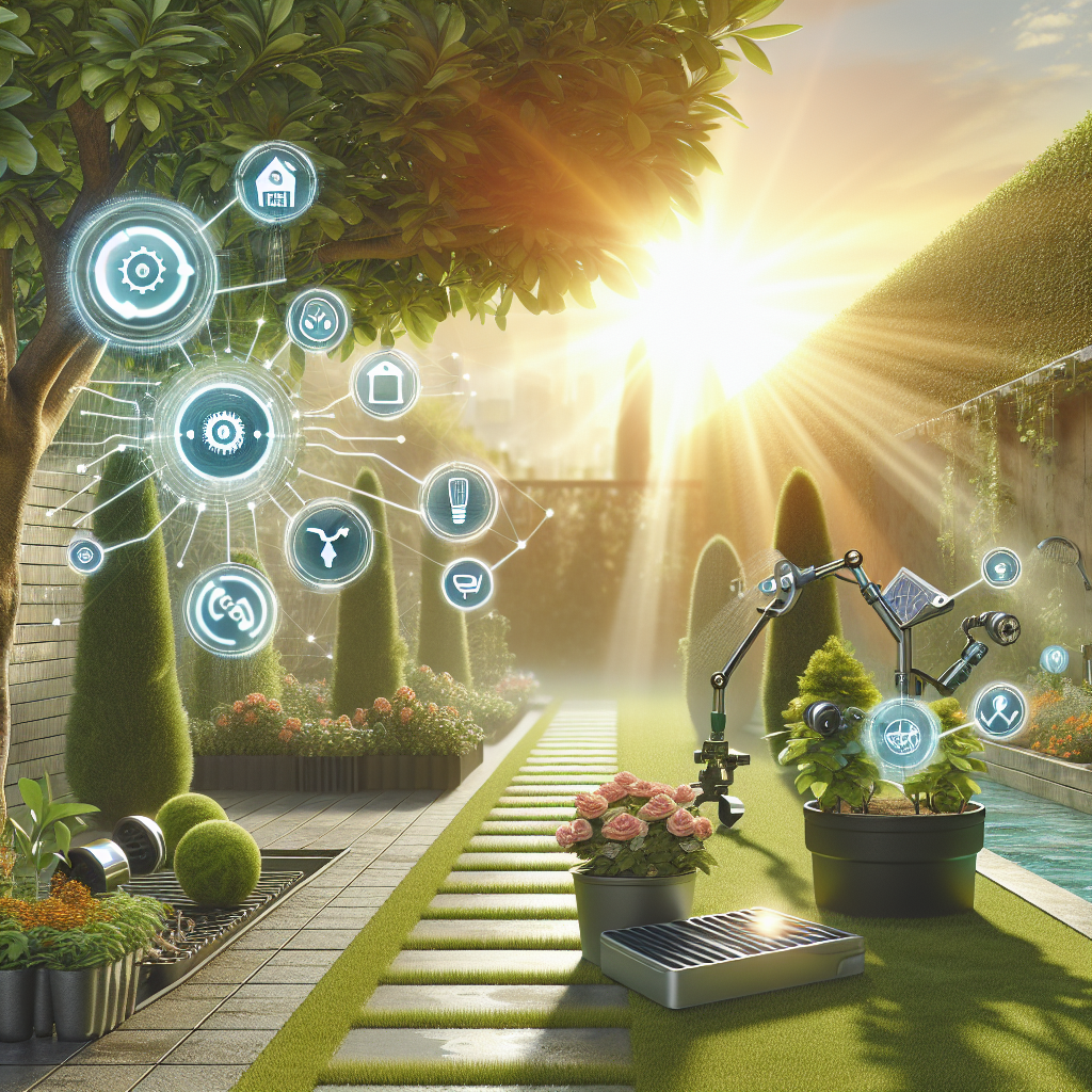 Ein moderner Garten mit Smart-Technologie, Robotern und Symbolen für Automatisierung und Umweltüberwachung.