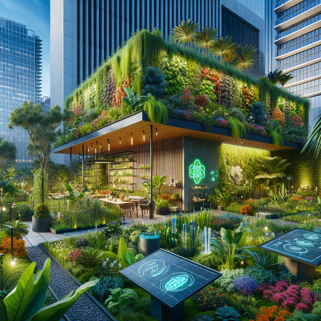 Städtischer Garten mit üppiger Vegetation und vertikalen Wänden, moderner Außensitzbereich unter Hochhäusern.