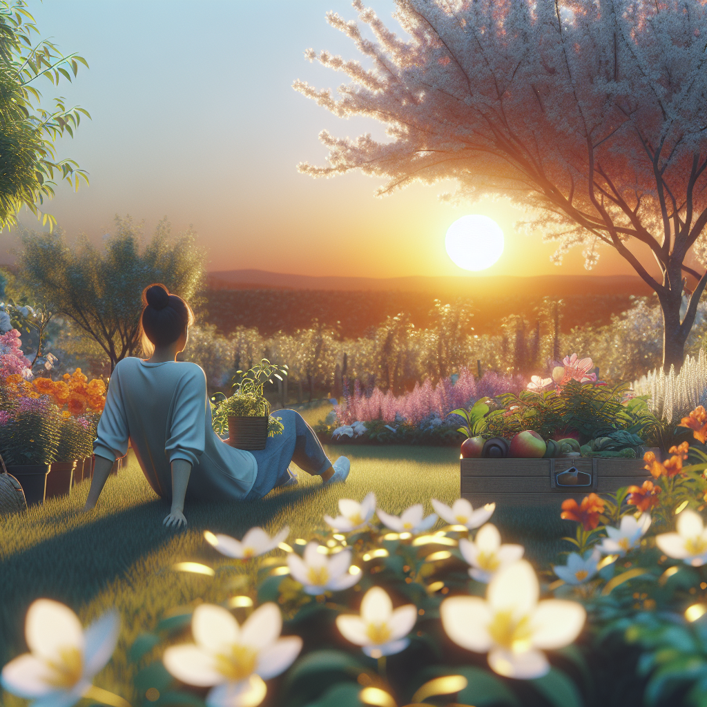 Person liegt im Garten mit Blumen, Korb mit Gemüse, beobachtet Sonnenuntergang. Stimmung entspannt und friedlich.