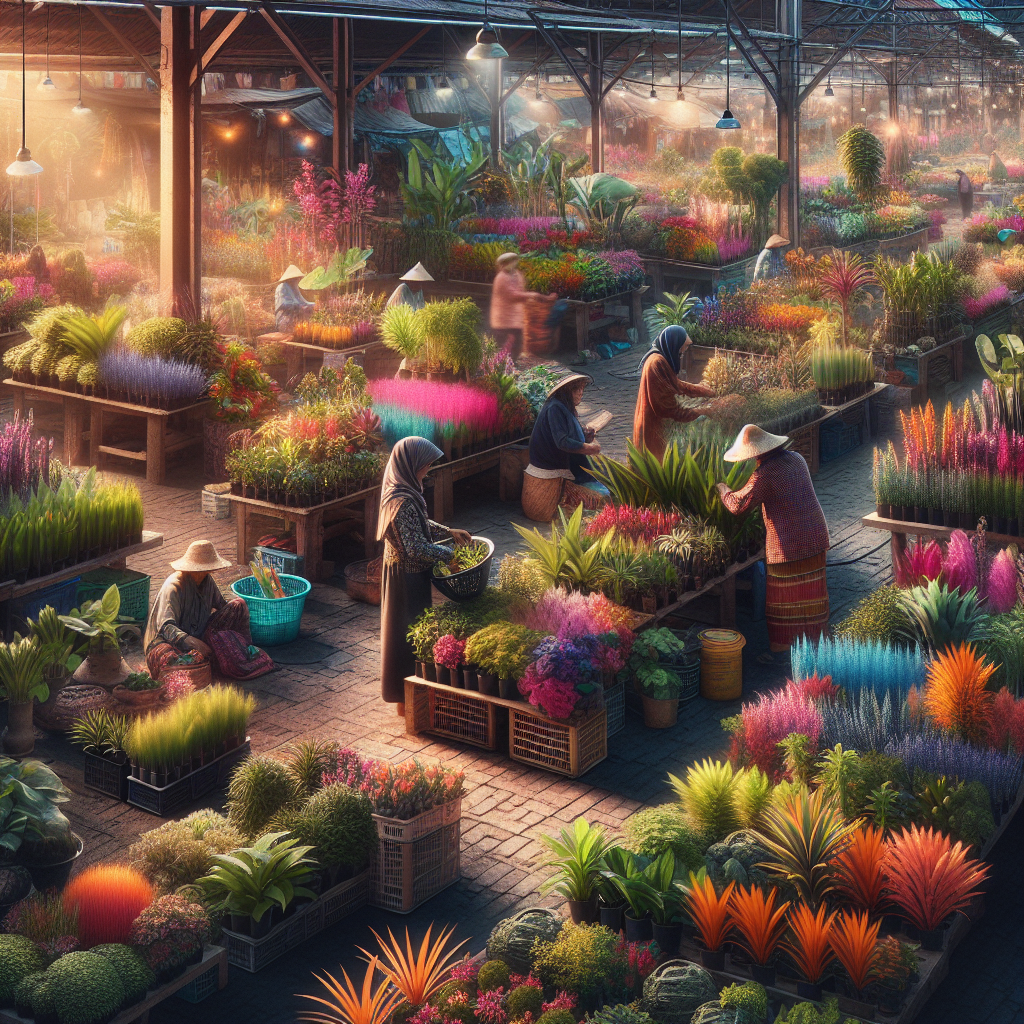Ein lebendiger Blumenmarkt mit Menschen, die bunte Blumen und Pflanzen verkaufen oder einkaufen.