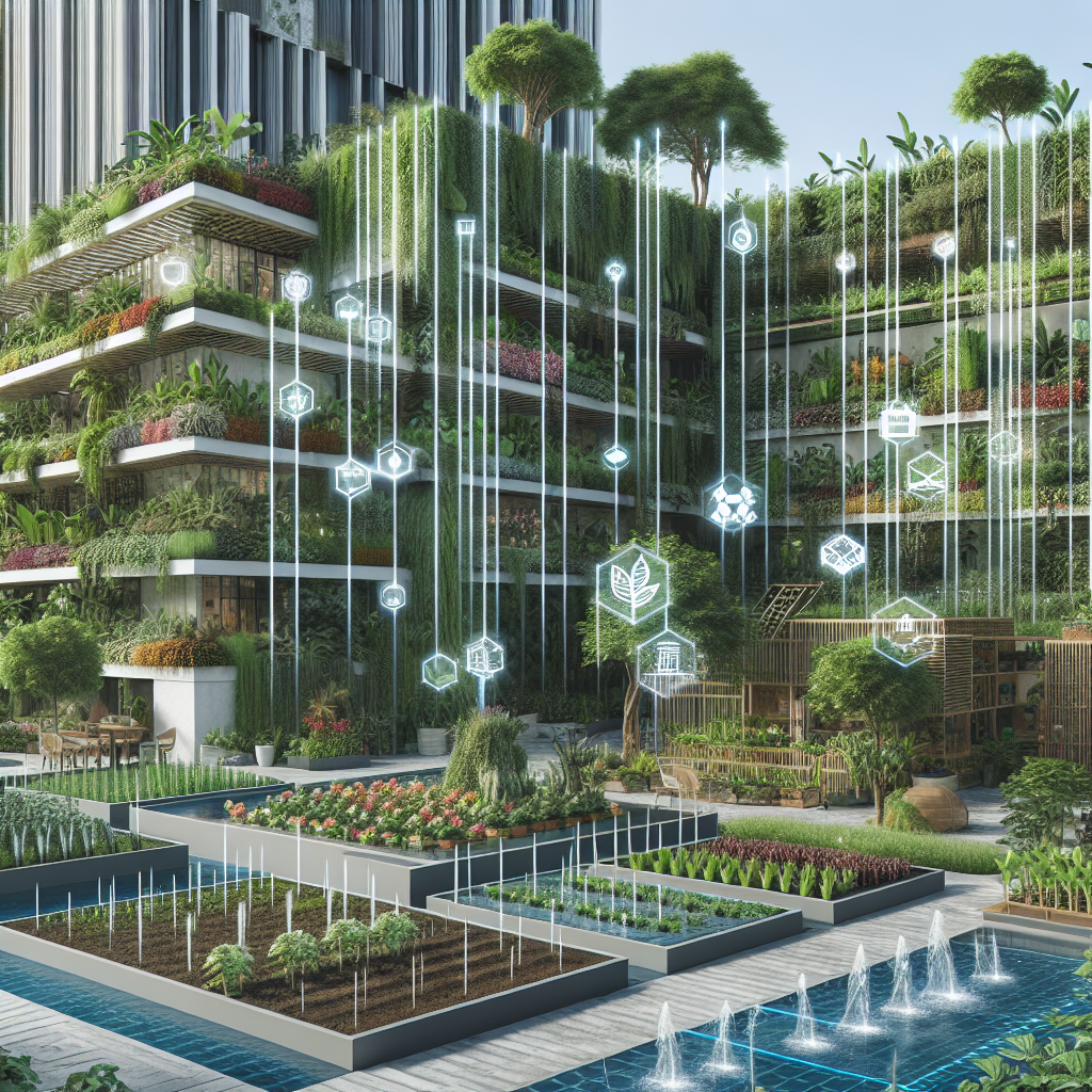 Ein urbaner Garten auf Gebäuden mit grünen Pflanzen und digitalen Symbolen schwebt in der Luft.