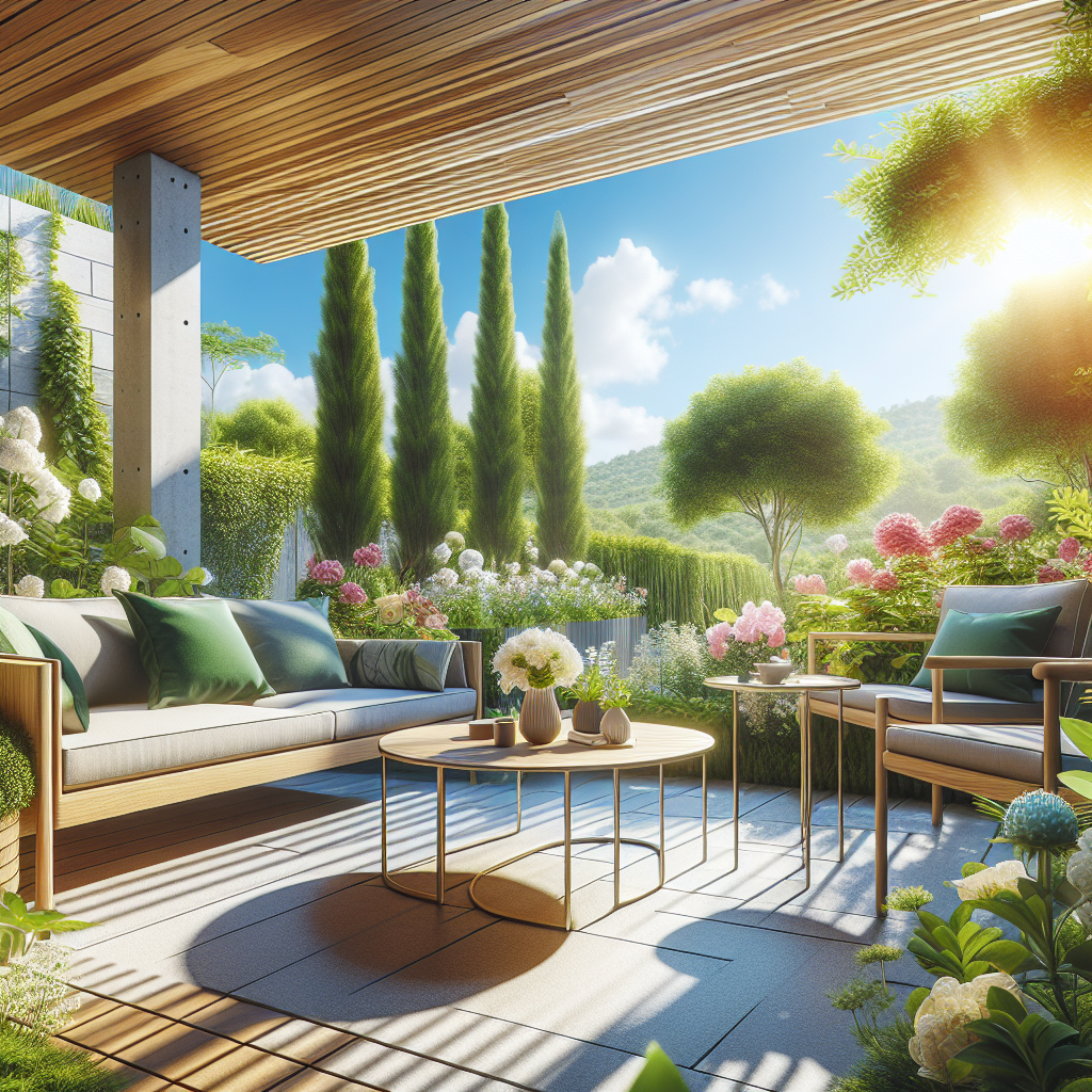 Gemütliche Terrasse mit Sofas und Tisch, umgeben von üppigen Pflanzen, Bäumen und blühenden Blumen unter Sonnenschein.