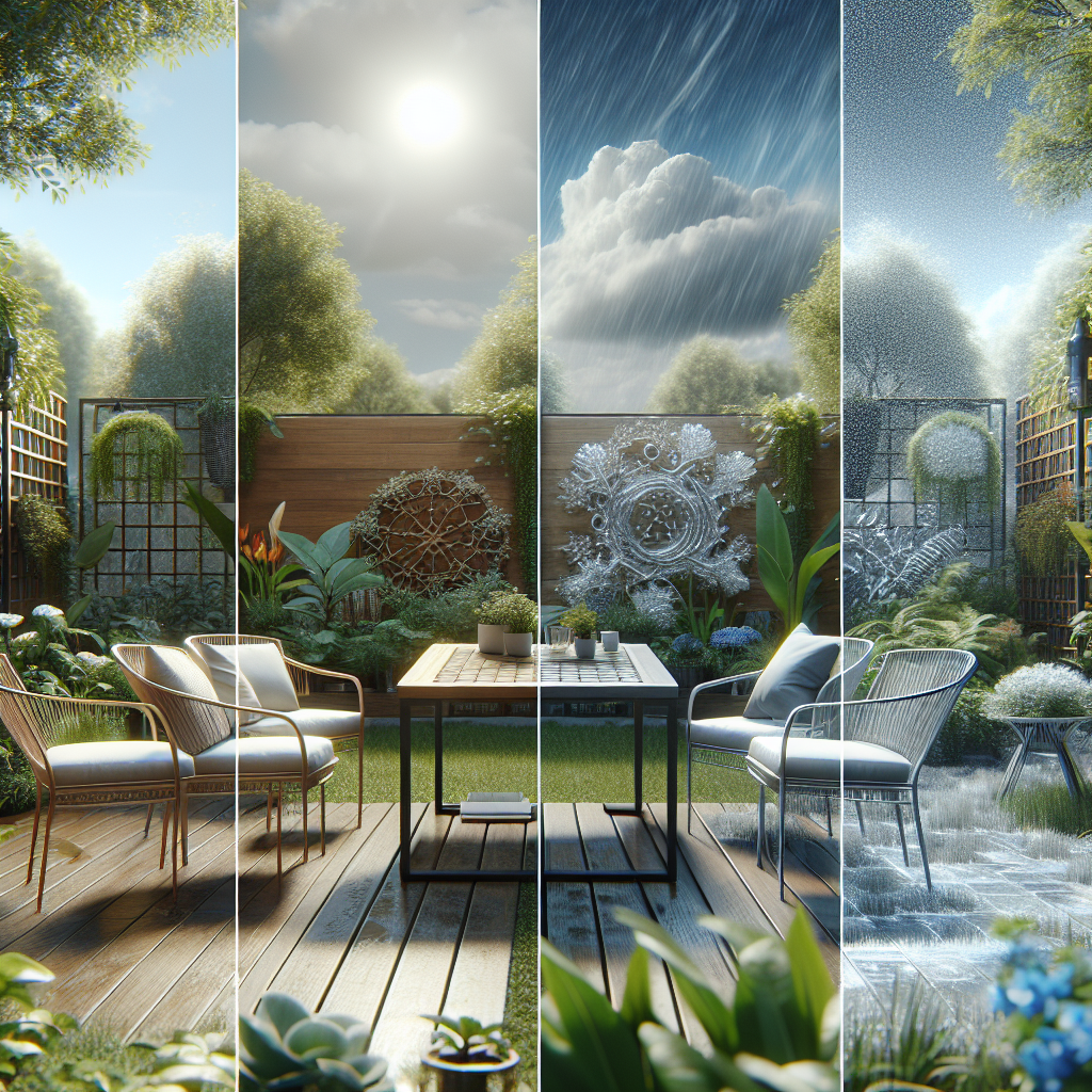 Ein Gartenbereich mit wechselnden Jahreszeiten: Sonne, Wolken, Regen und Schnee auf Holzterrasse mit Möbeln.