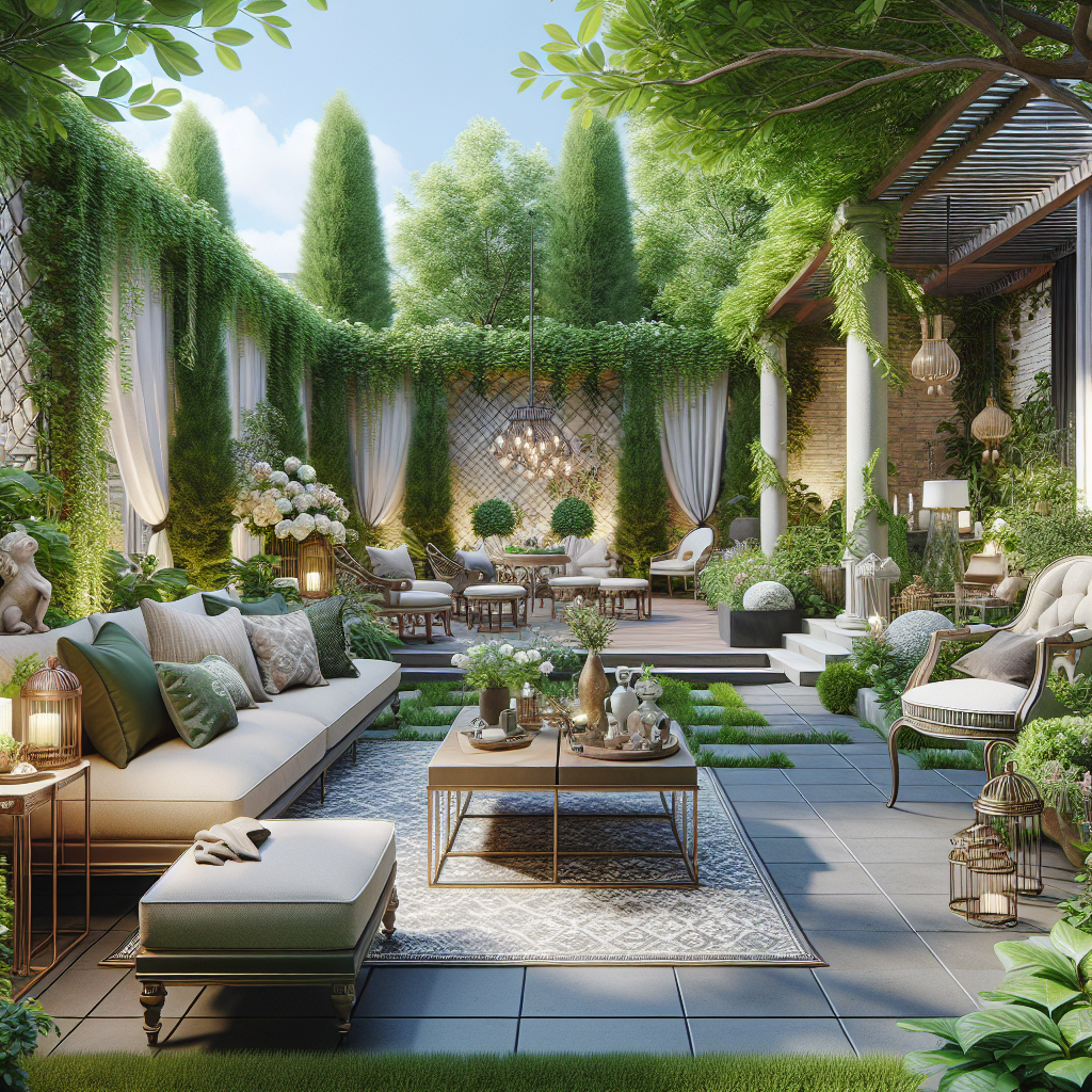 Ein eleganter Garten mit Sofas, Pflanzen, Teppich und dekorativer Beleuchtung unter einem blauen Himmel.