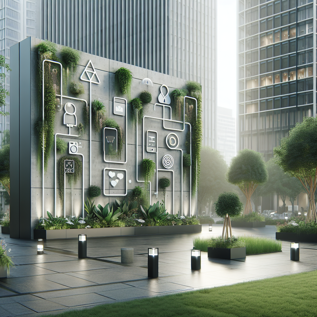 Eine urbane Wandinstallation mit Symbolen und vertikalen Pflanzen, umgeben von modernen Gebäuden und gepflegten Gärten.