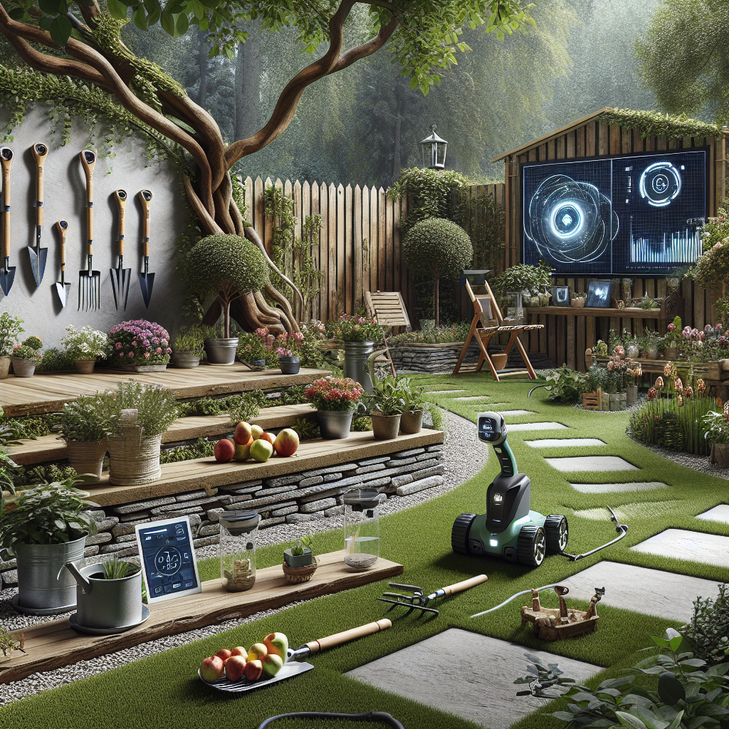Ein moderner Garten mit Werkzeugen, Pflanzen, Robotern und Technologie.