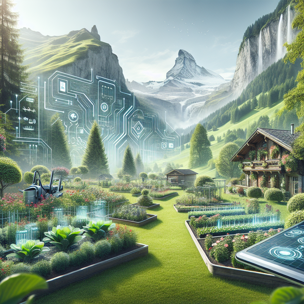 Ein futuristischer Garten in den Alpen mit digitaler Technologie, Drohne und intelligenter Landwirtschaft.