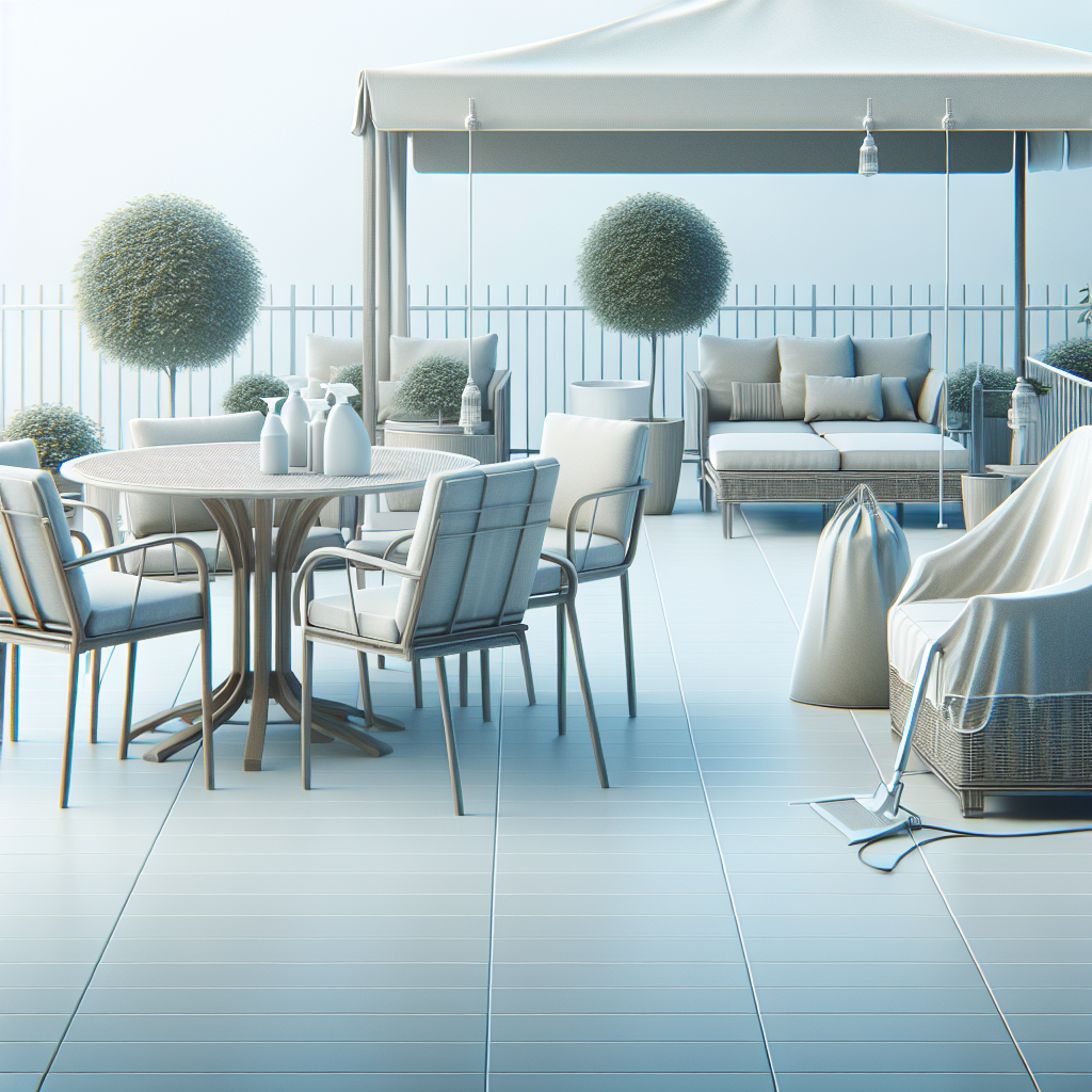 Eine Terrasse mit Tisch und Stühlen, Loungemöbeln, Sonnenschutz und Pflanzen in modernen, neutralen Tönen.