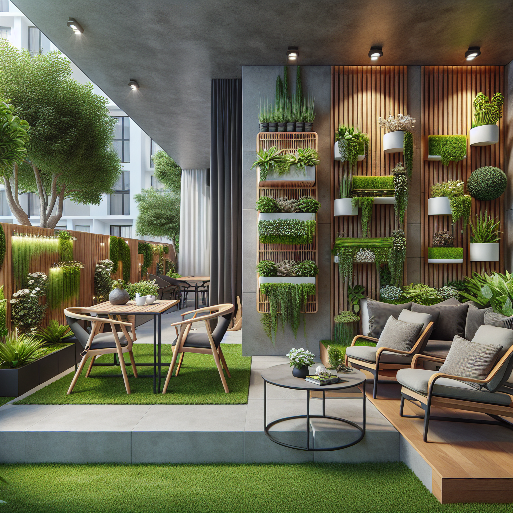 Moderne Terrasse mit vertikalem Garten, Holzverkleidung, Sitzbereich und Tisch. Viel Grün und stilvolle Beleuchtung.