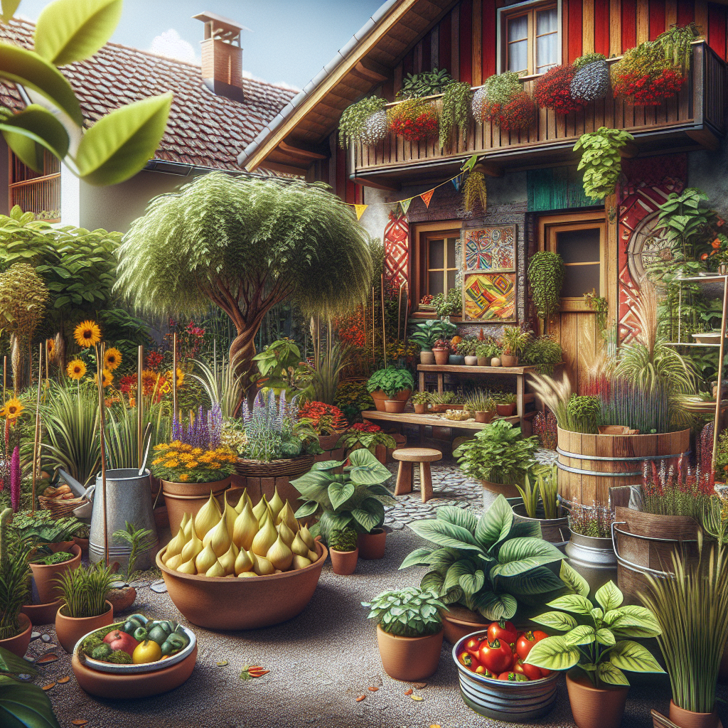 Ein bunter Bauerngarten mit verschiedenen Pflanzen und Töpfen vor einem traditionellen Haus.