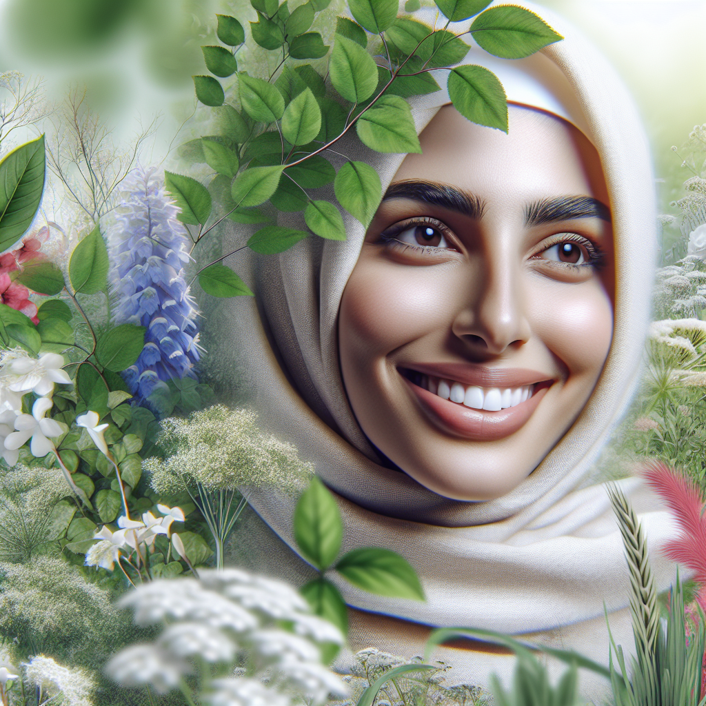 Eine lächelnde Frau mit Kopftuch, umgeben von Blumen und grünen Blättern in einer natürlichen Umgebung.