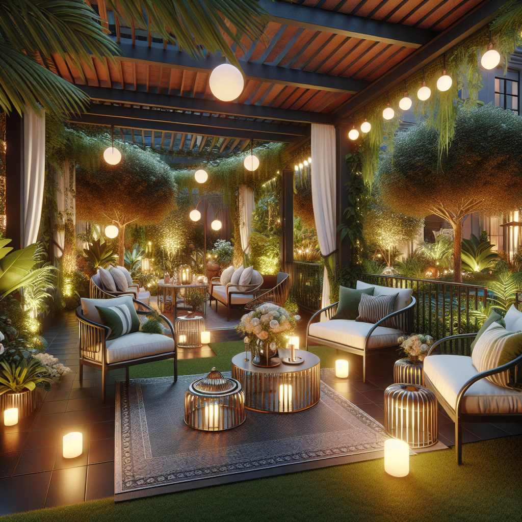 Veranda mit gemütlichen Sitzgelegenheiten, Lichterketten, Pflanzen, Kerzen und Teppichen in entspannter Atmosphäre.