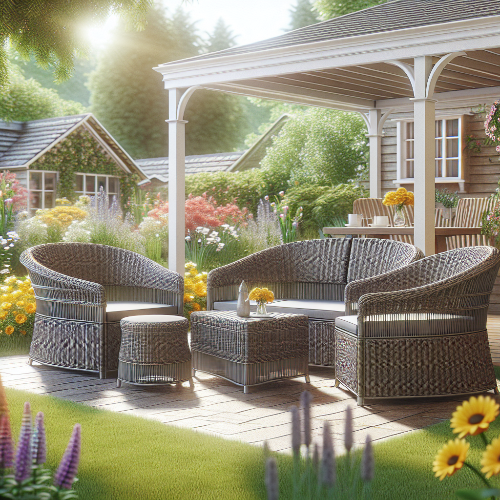 Garten mit Korbmöbeln, Sonnenschein, Blumen und Pavillon im Hintergrund.