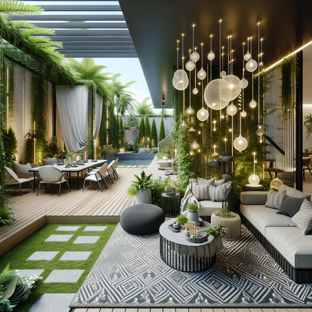 Moderne Terrasse mit Pflanzen, eleganten Möbeln, dekorativen Lichtern und Pool im Hintergrund.