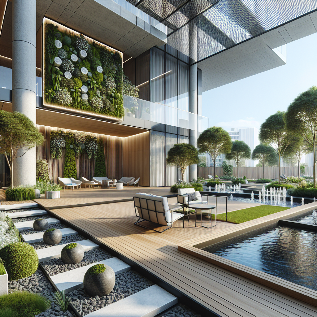 Moderne Terrasse mit Pflanzenwand, Holzdeck, Wasserbecken, Sitzbereichen und Brunnen in urbaner Umgebung.