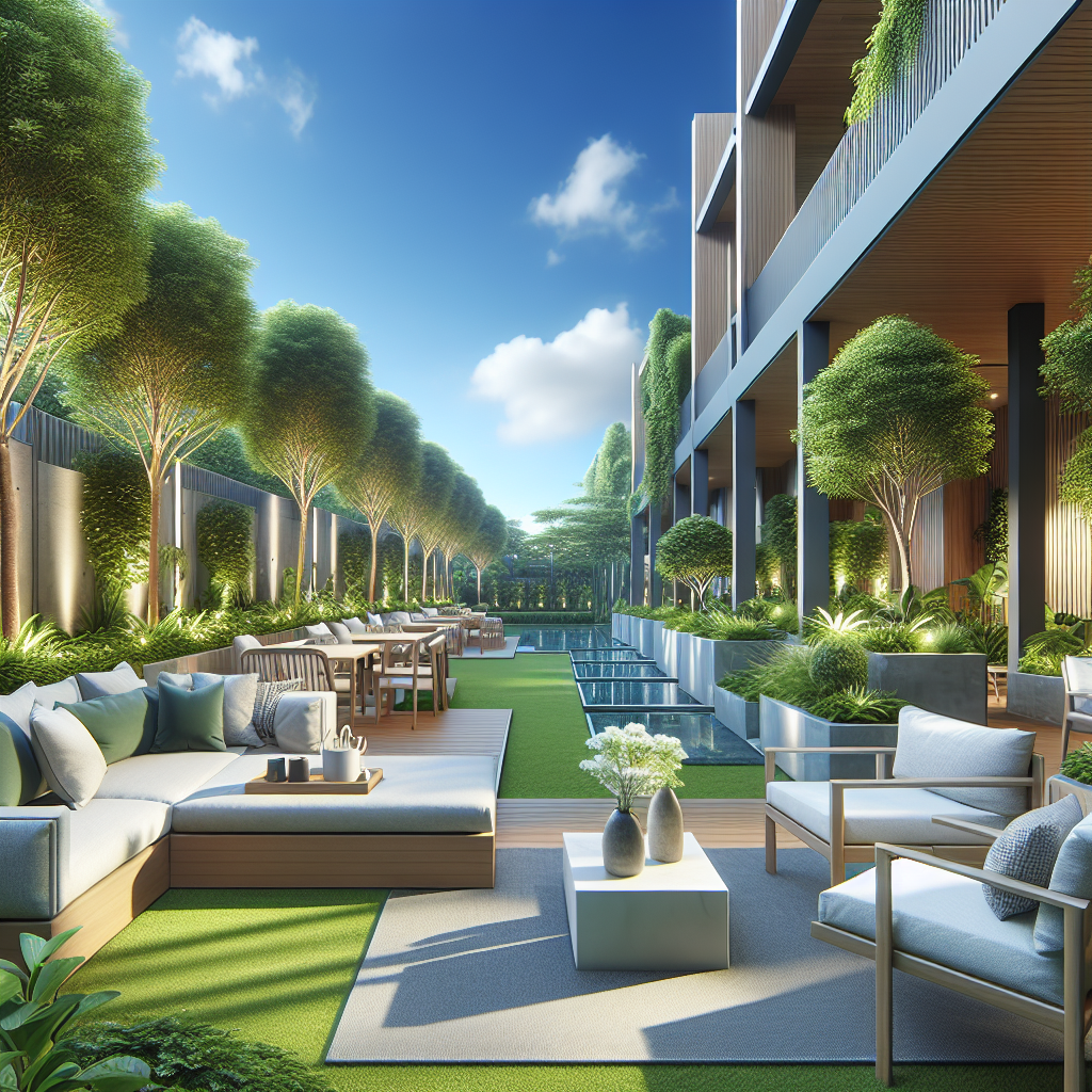 Moderne Terrasse mit Loungebereich, Tischen, Pflanzen und modernem Gebäude, umgeben von Bäumen unter blauem Himmel.