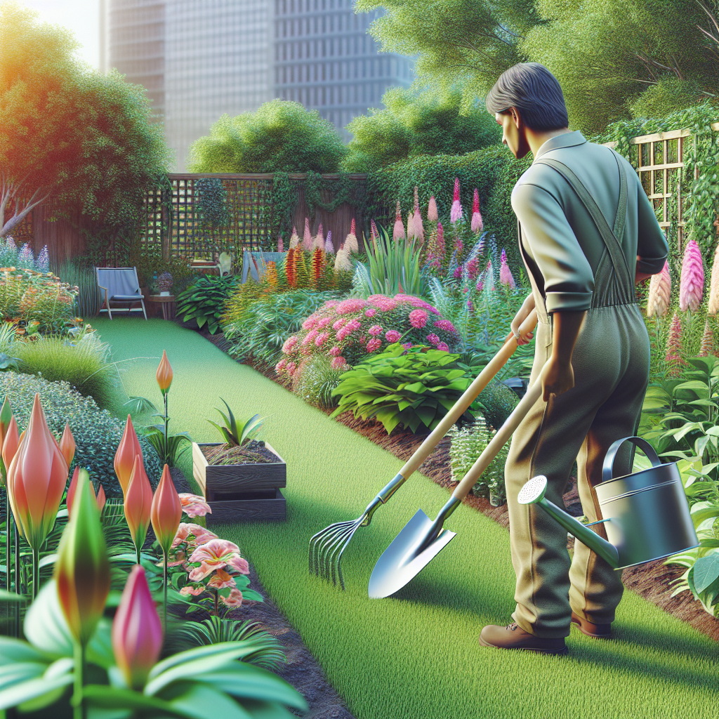 Ein Gärtner pflegt einen blühenden Garten mit Werkzeugen und einer Gießkanne.