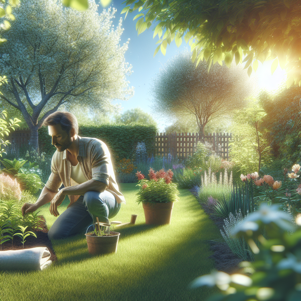 Ein Mann pflanzt in einem sonnigen Garten, umgeben von Bäumen, Blumen und grünem Gras.