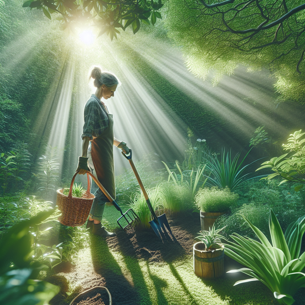 Eine Person, die in einem sonnigen Garten mit Korb und Gartenwerkzeugen arbeitet.