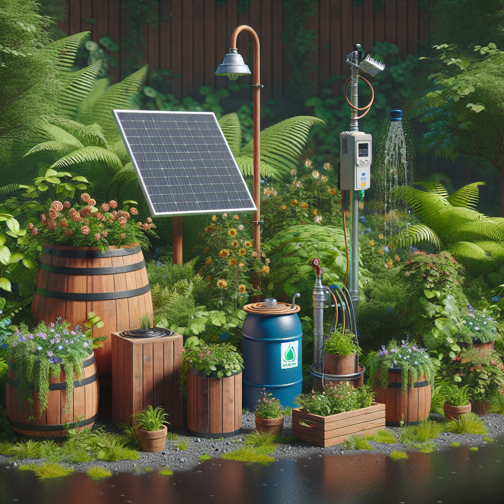 Garten mit Solarpanel, Lampen, Wasserfass und Pflanzen in Holzfässern und Töpfen. Nachhaltige Energie und Gartenarbeit.