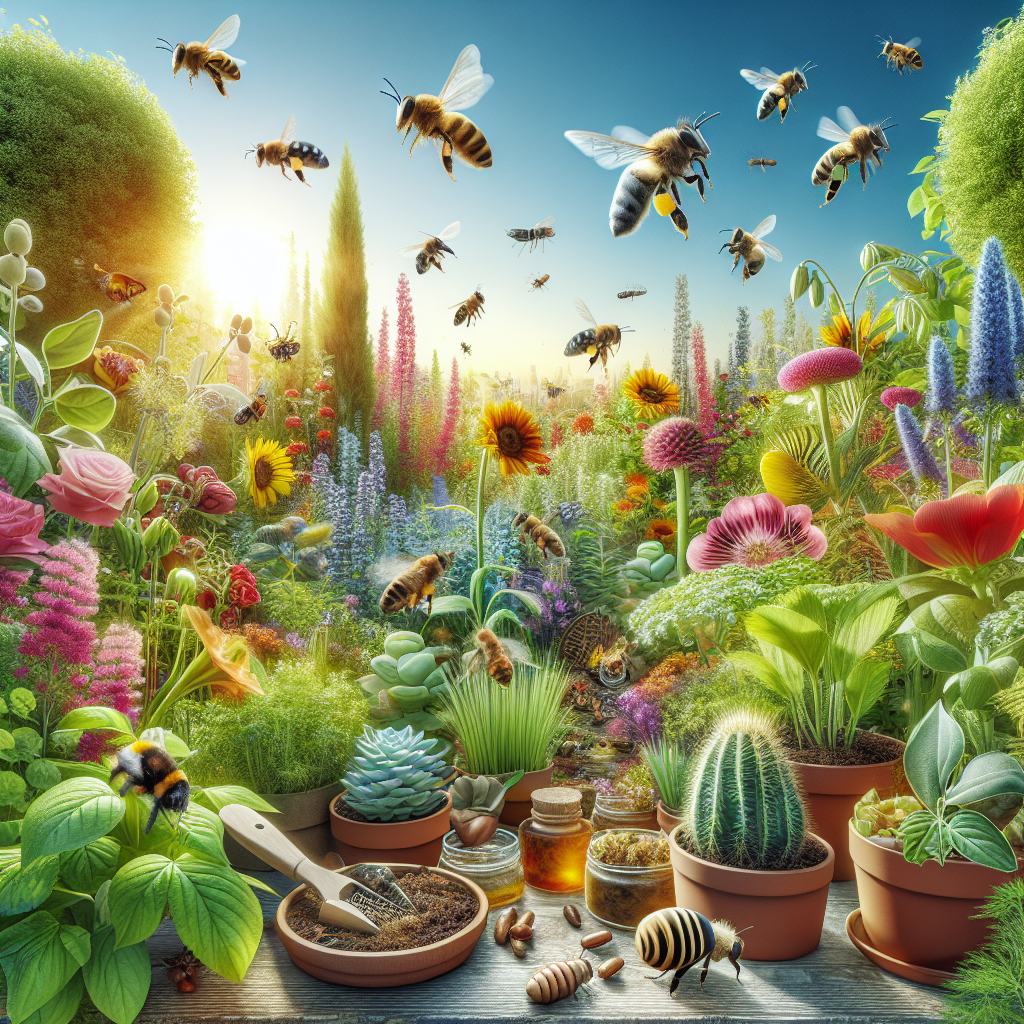 Bienen fliegen über einen blühenden Garten mit Sonnenblumen, Kakteen, Töpfen und Honiggläsern bei Sonnenschein.