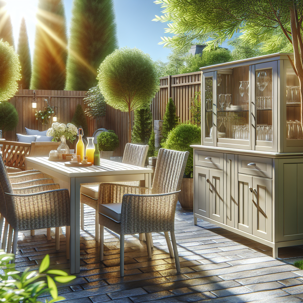 Ein sonniger Garten mit Esstisch, 4 Stühlen, Schrank, Bäumen und Getränken auf dem Tisch. Entspannte Atmosphäre.