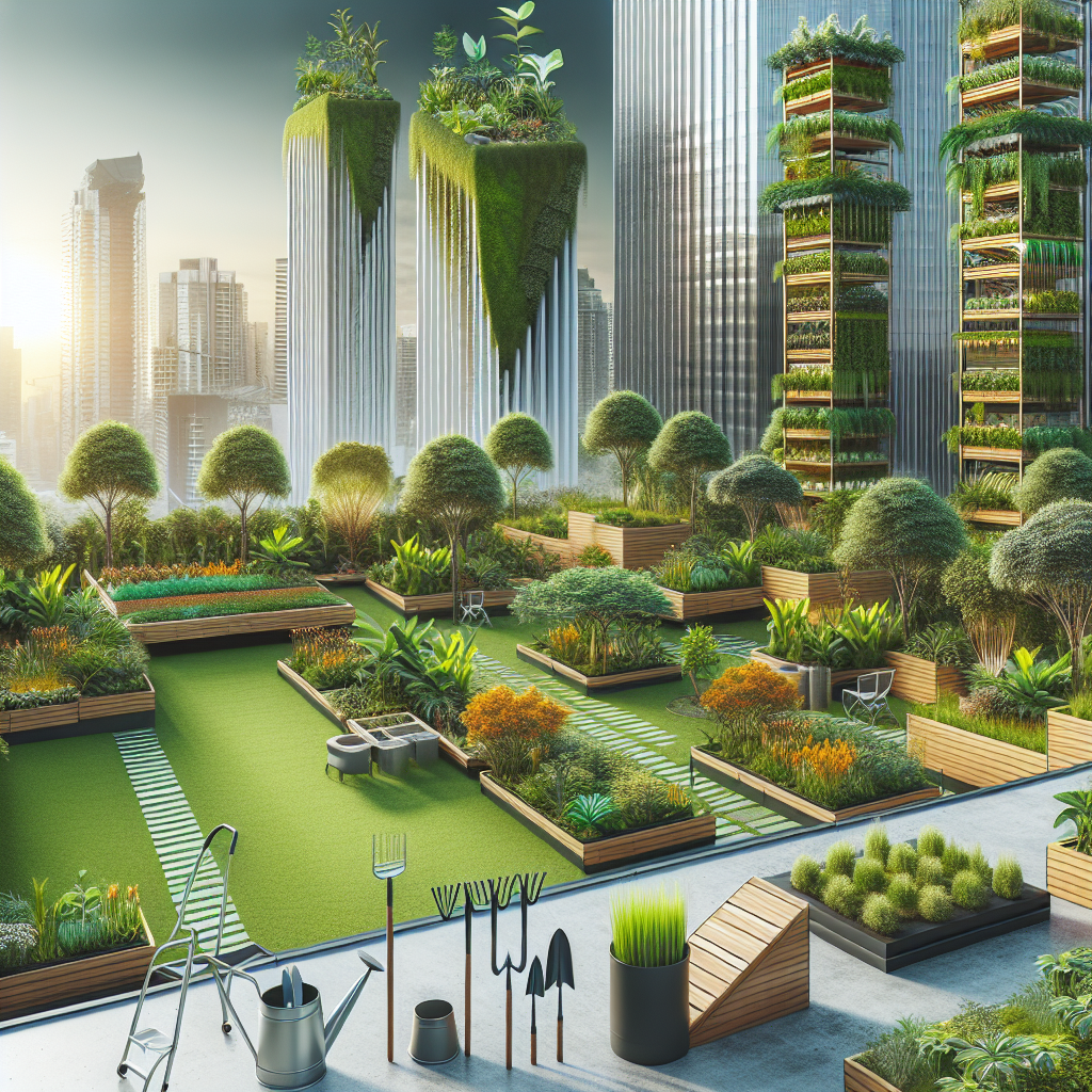 Städtischer Dachgarten mit Pflanzenbeeten, modernen Gebäuden im Hintergrund, und Gartenwerkzeugen im Vordergrund.