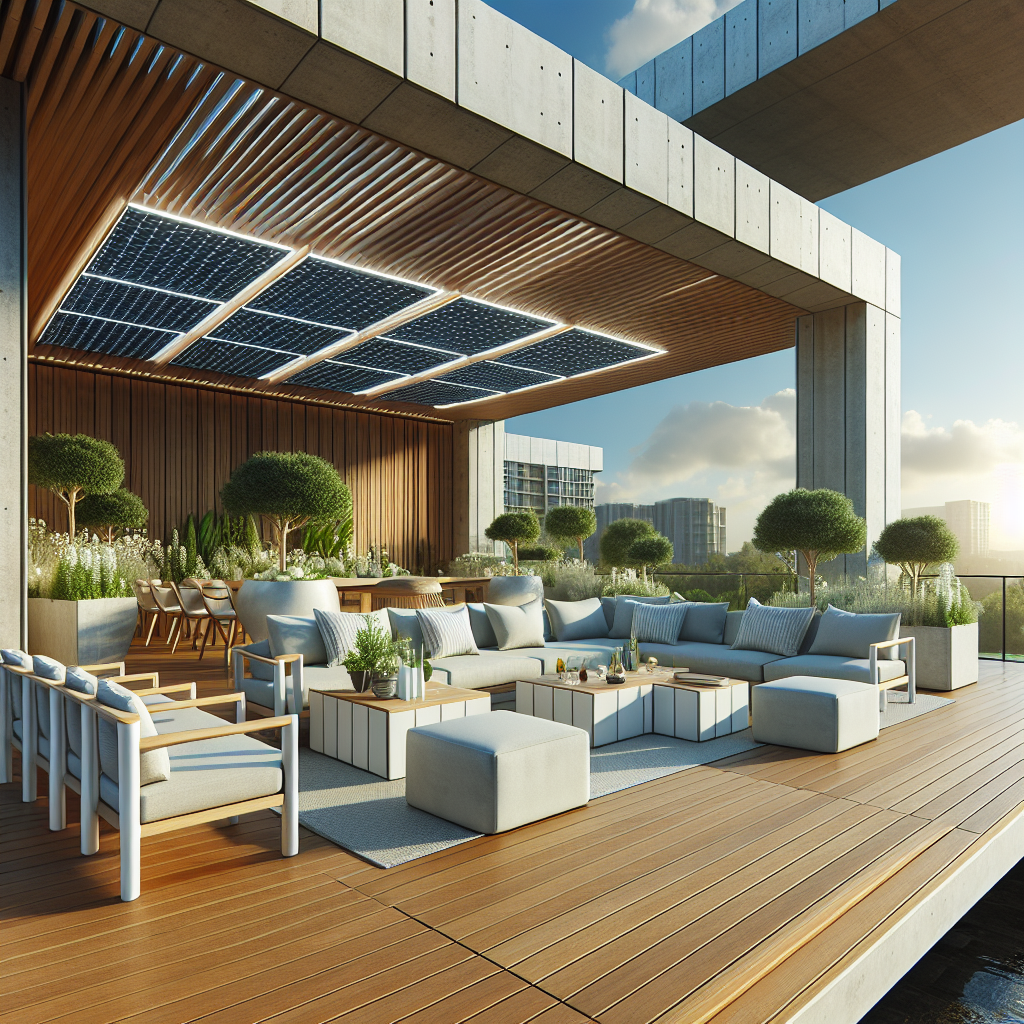 Moderne Dachterrasse mit Sitzmöbeln, Pflanzen und Solarpanel-Abdeckung bei Sonnenuntergang.