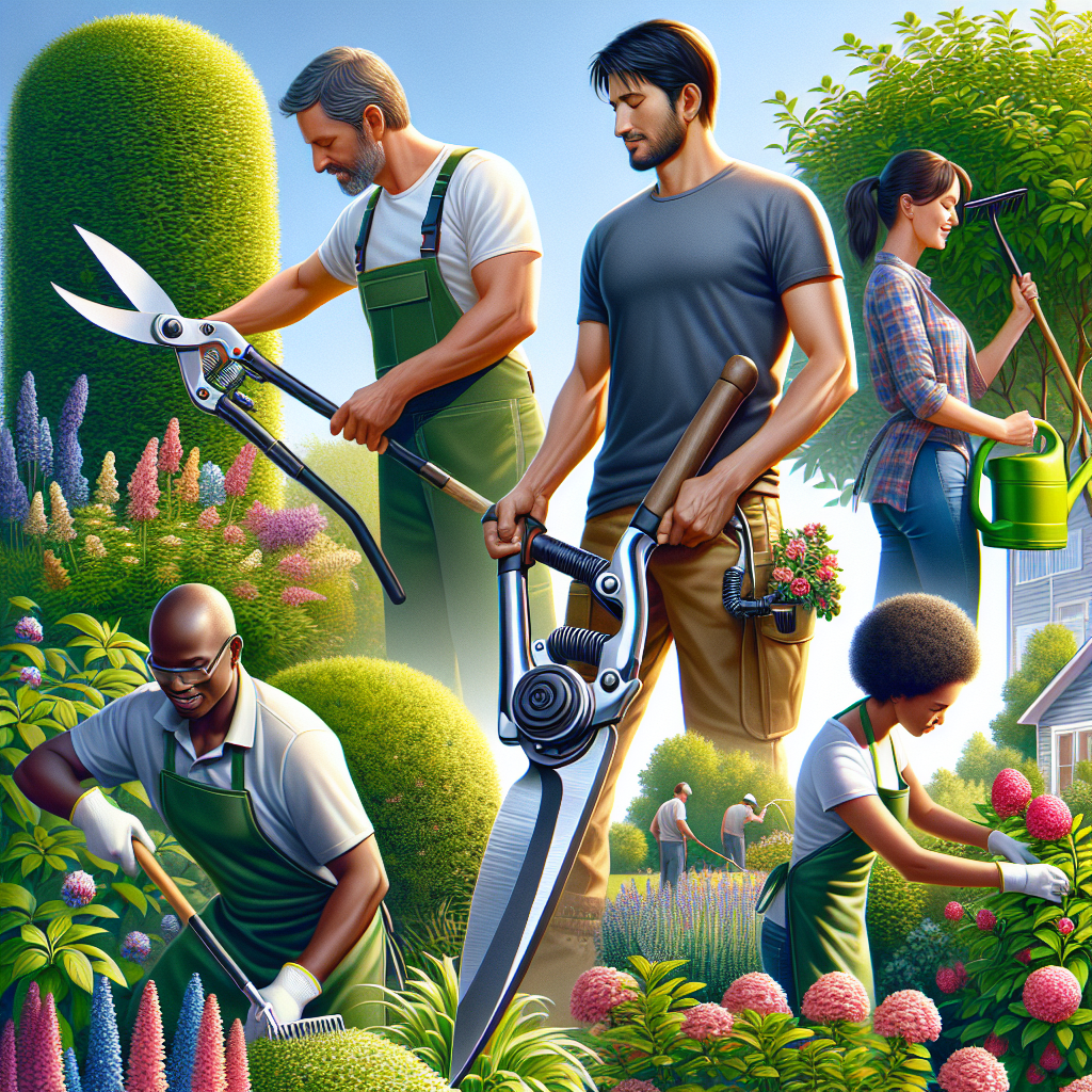 Gärtner pflegen Pflanzen mit Heckenscheren, Harken und Gießkanne in einem üppigen Garten.