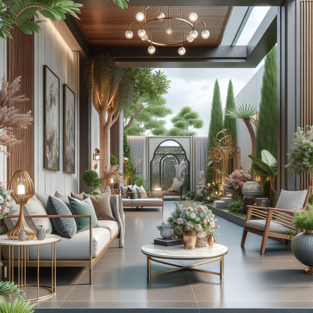 Moderne Terrasse mit eleganten Möbeln, Pflanzen und Dekorationen in einem offenen, stilvollen Außenbereich.