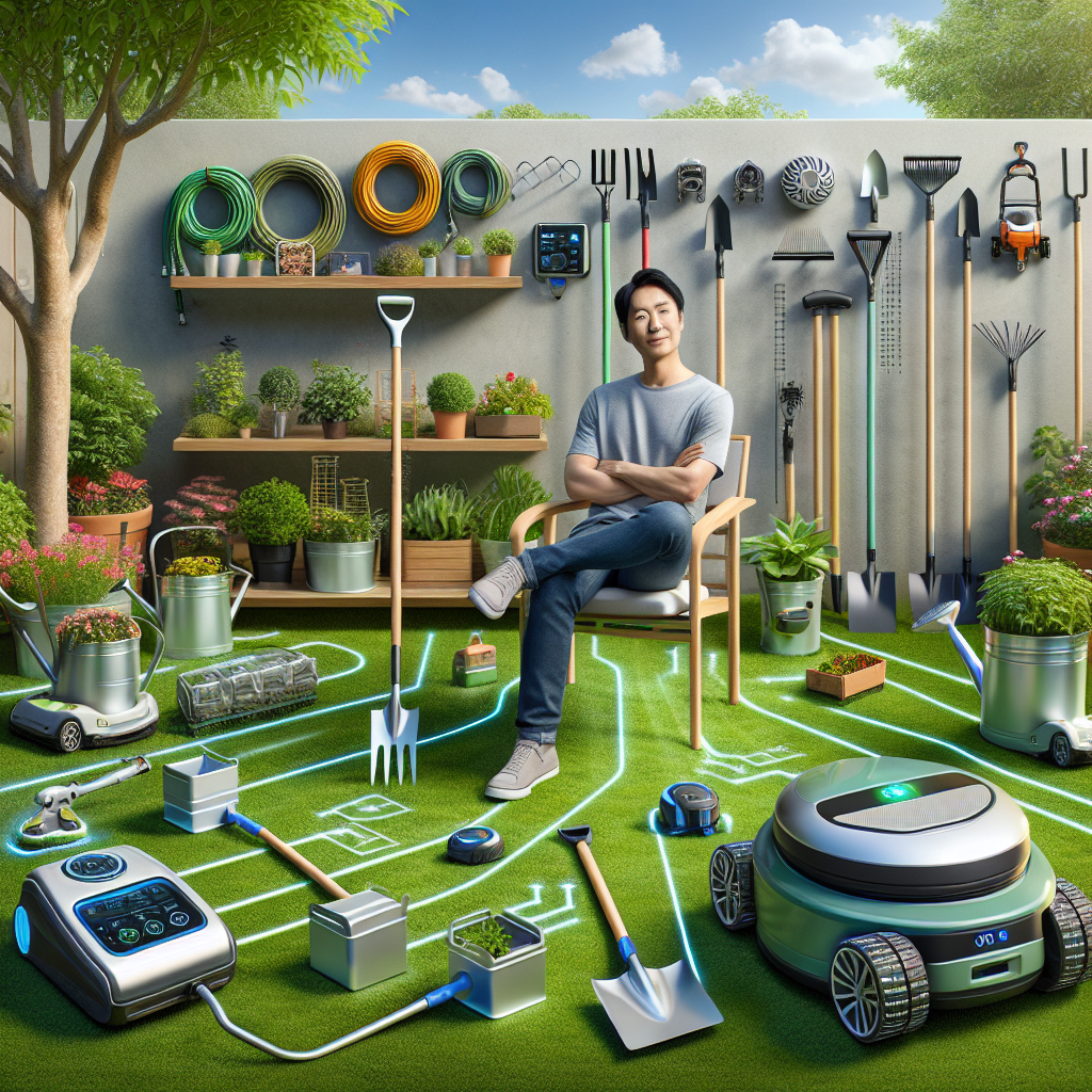 Ein Mann sitzt im Garten, umgeben von Pflanzen, smarten Gartengeräten und Bewässerungszubehör.