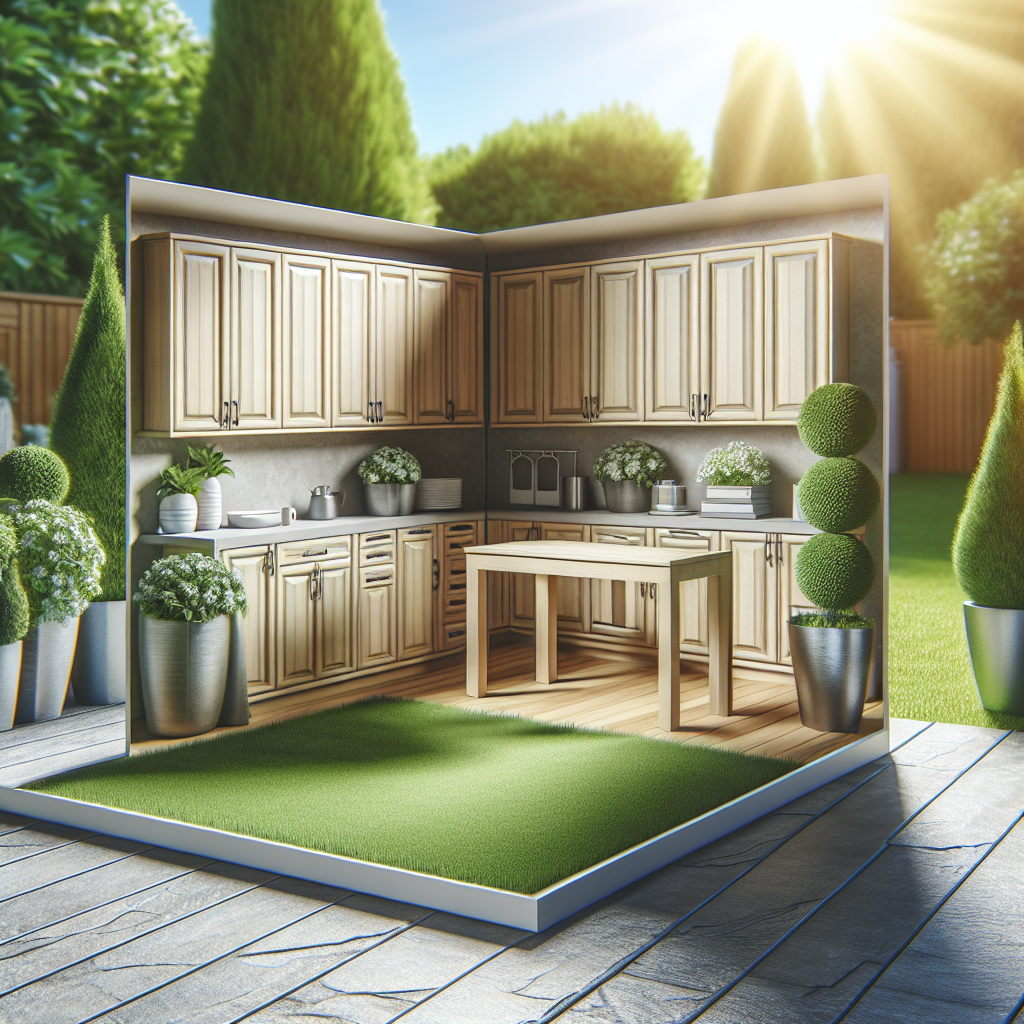 Eine Küche im Freien, umgeben von Pflanzen und Bäumen, mit Holzmöbeln und sonnigem Wetter.