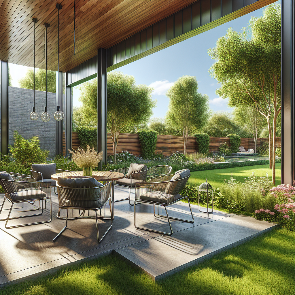 Moderne Terrasse mit Tisch, Stühlen und Gartenblick; sonnige, grüne Landschaft.