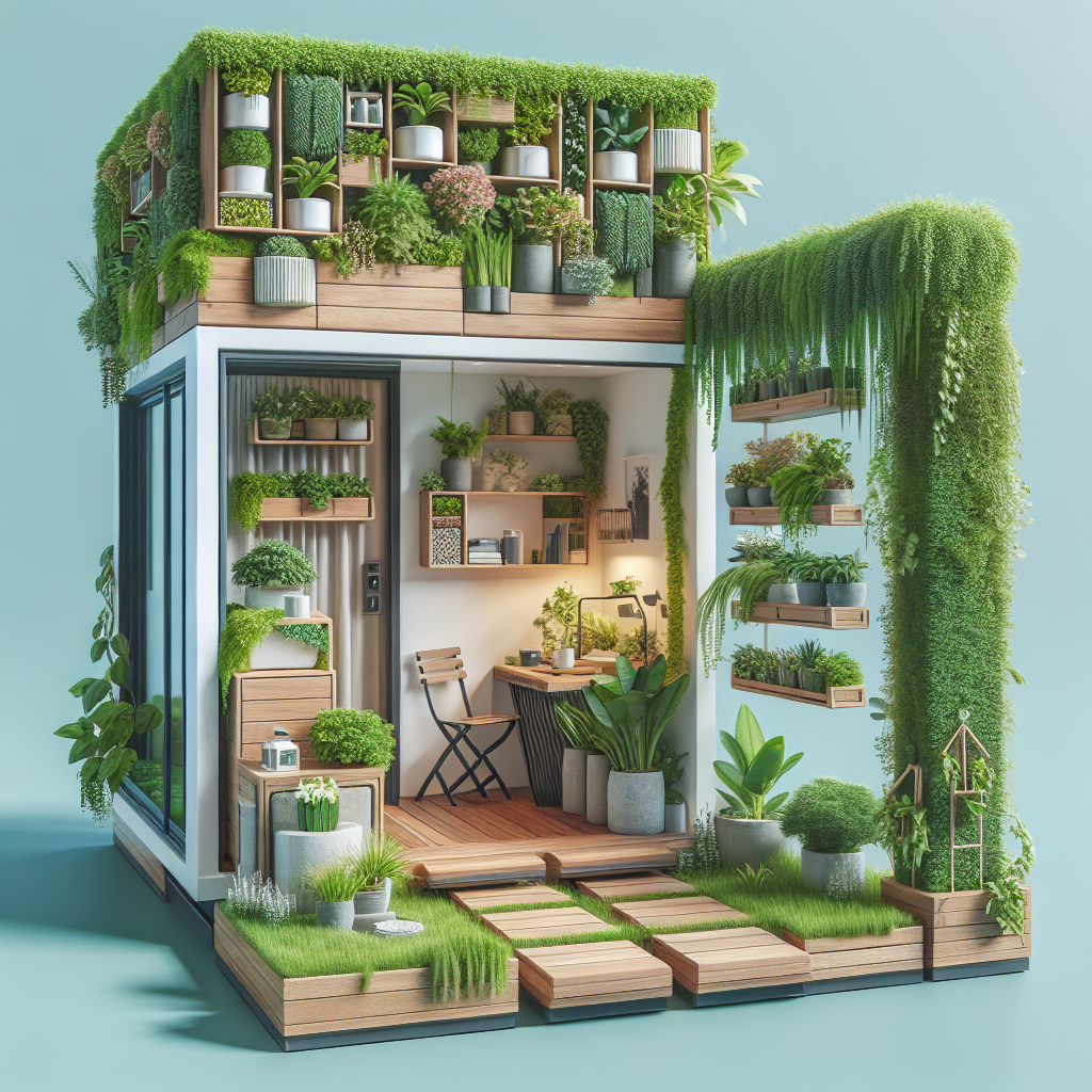 Ein moderner, kleiner Raum mit Pflanzen, Holzregalen und einer Sitzgelegenheit, umgeben von üppigem Grün.