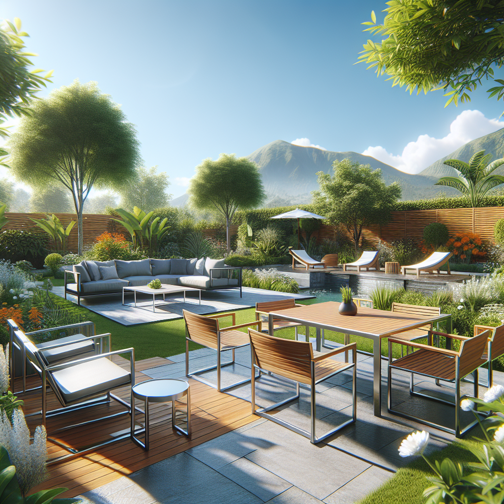 Moderne Terrasse mit stilvollen Möbeln, gepflastertem Boden, üppigem Garten, Liegestühlen und Bergblick im Hintergrund.