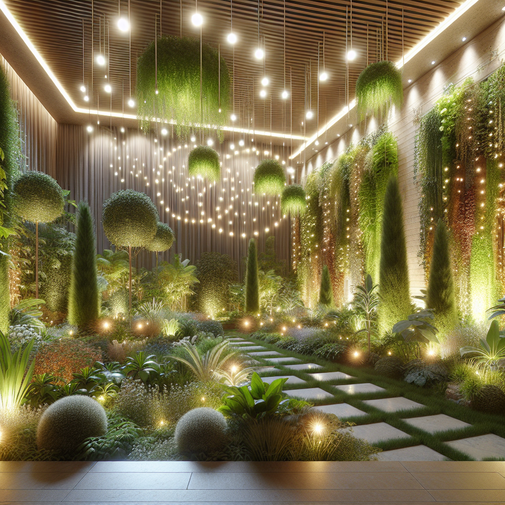 Ein beleuchteter, üppiger Innengarten mit hängenden Pflanzen und leuchtenden Kugeln an der Decke.