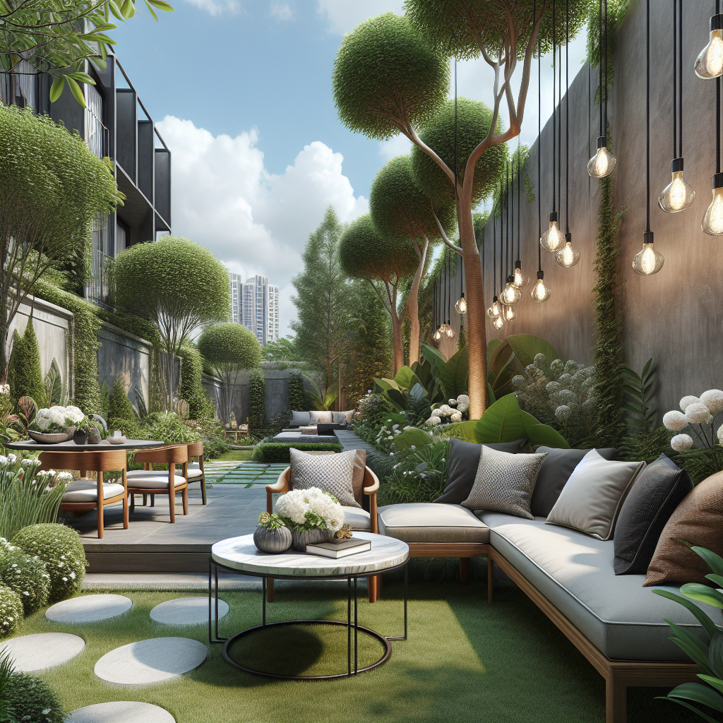 Moderner Garten mit gemütlichen Sitzbereichen, stilvollen Lichtern und üppiger, grüner Landschaftsgestaltung.