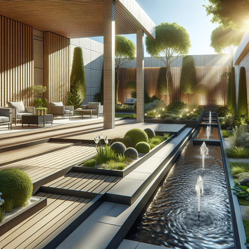 Moderne Terrasse mit Sitzbereich, Wasserbecken, Pflanzen, Bäumen und Holzverkleidung, beleuchtet vom Sonnenlicht.