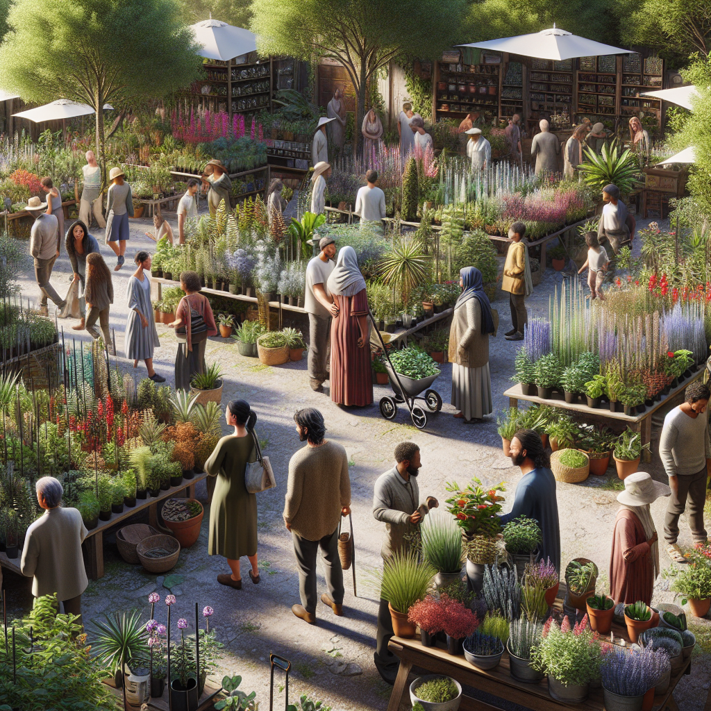 Ein lebhafter Pflanzenmarkt mit blühenden Blumen und Menschen, die Pflanzen begutachten oder kaufen.
