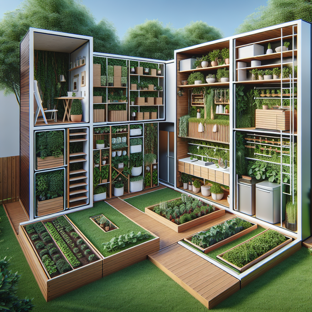 Modularer Garten mit Pflanzen, Gemüse in Kisten, vertikalen Wänden, und kleinem Arbeitsbereich. Innovatives Design.