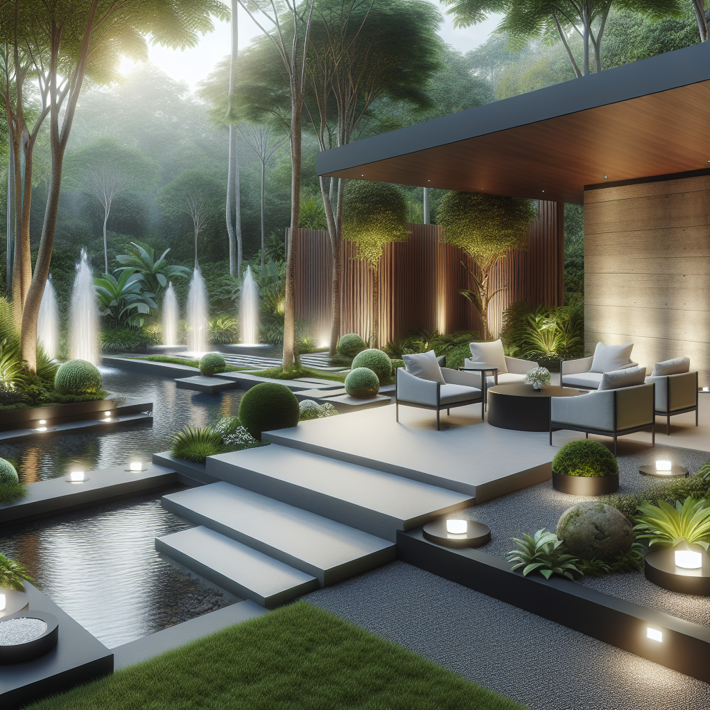 Moderner Garten mit Terrasse, Sitzmöbeln, Springbrunnen und üppiger Vegetation im Hintergrund.