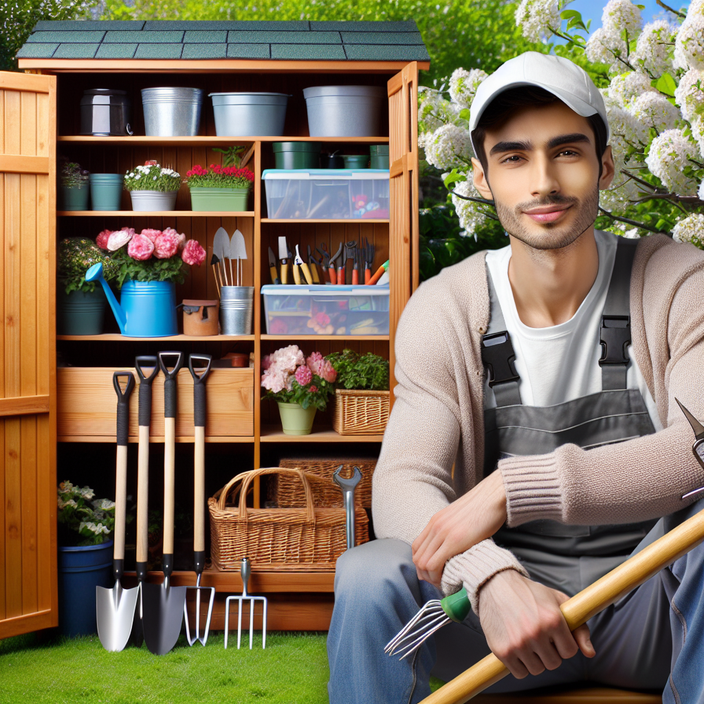 Ein Gärtner sitzt neben einem Schuppen voller Gartengeräte und Blumen vor einem blühenden Baum.