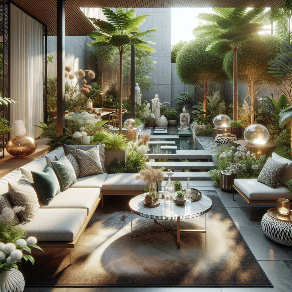 Moderner Patio mit eleganten Möbeln, Pflanzen, Teich und Statuen; entspannende, luxuriöse Atmosphäre.