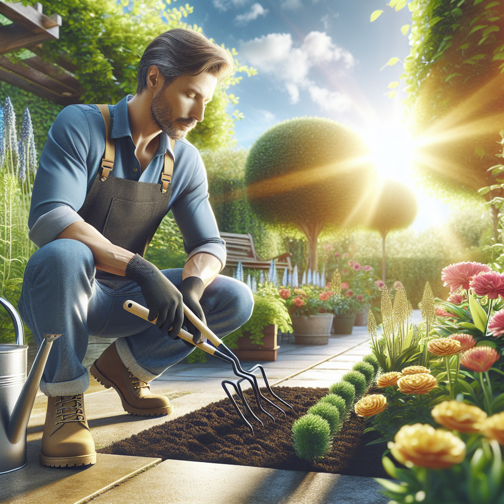 Ein Mann gärtnert bei Sonnenschein, umgeben von bunten Blumen und gepflegten Hecken.