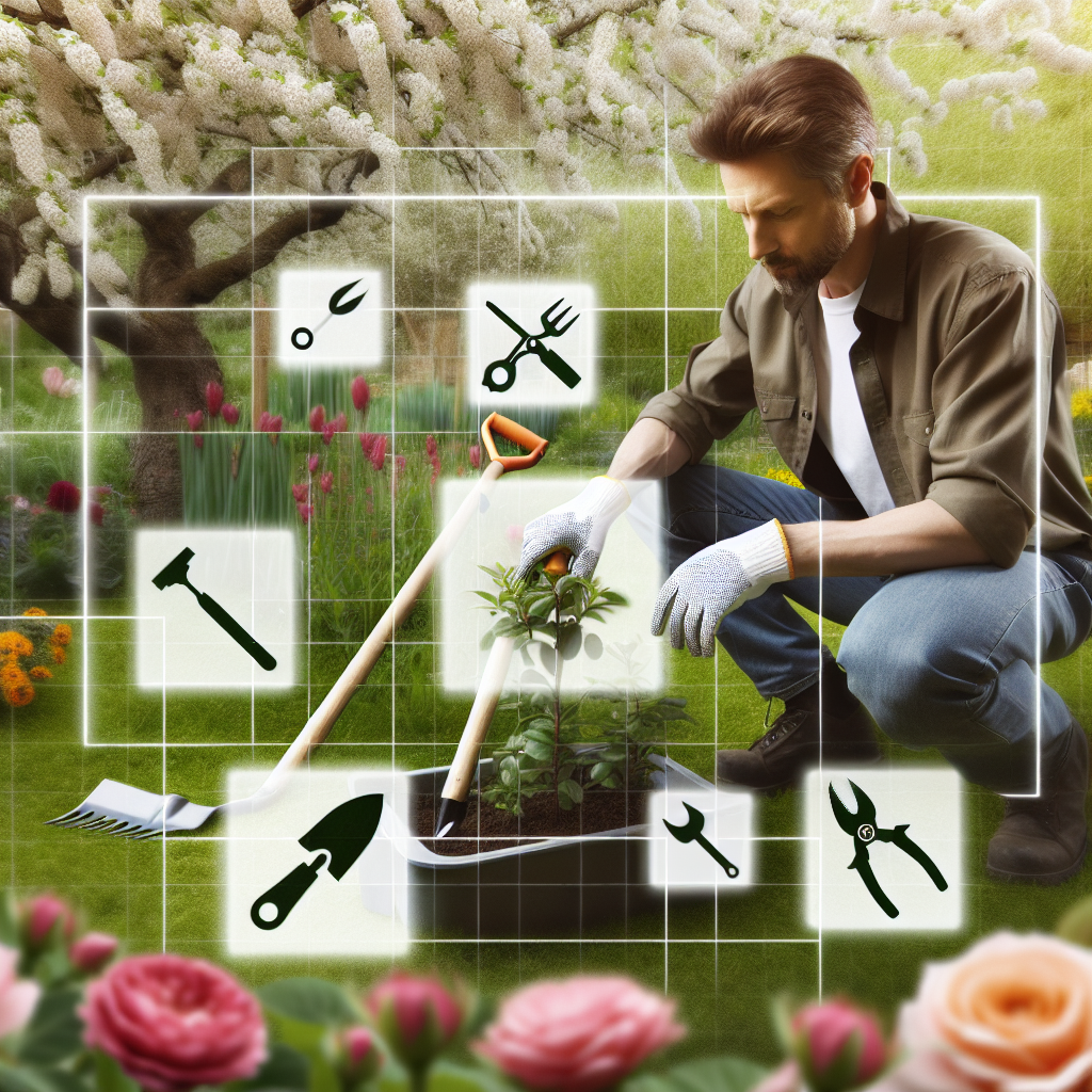 Eine Person gärtnert mit Werkzeugen im Garten, umgeben von Blumen und Bäumen. Symbole zeigen Gartenwerkzeuge.